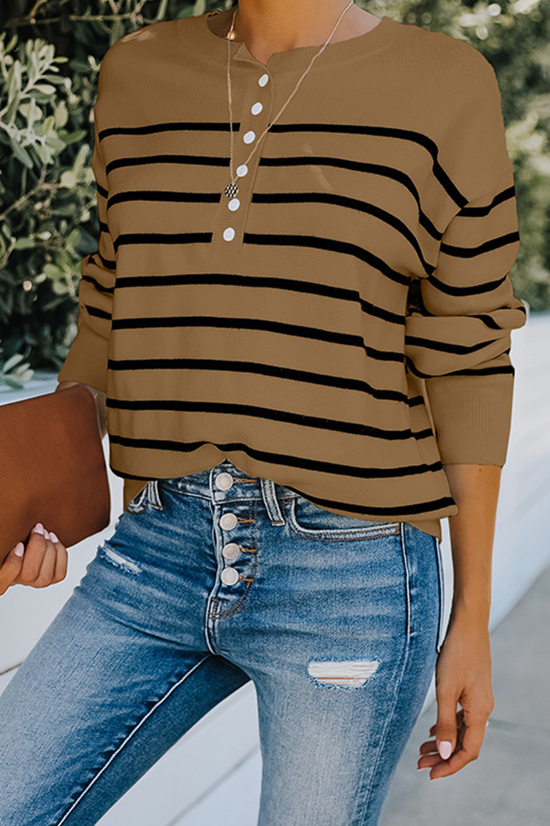 Street Striped Buckle O Neck Tops Sweaters