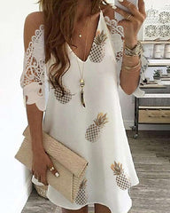 Fashion Print V neck Lace Off shoulder Short sleeve Shift Dresses
