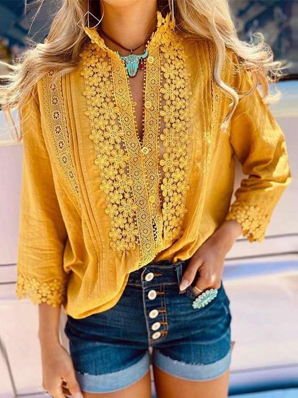 Fashion Pure Lapel Lace Hollow out Long sleeve Blouses