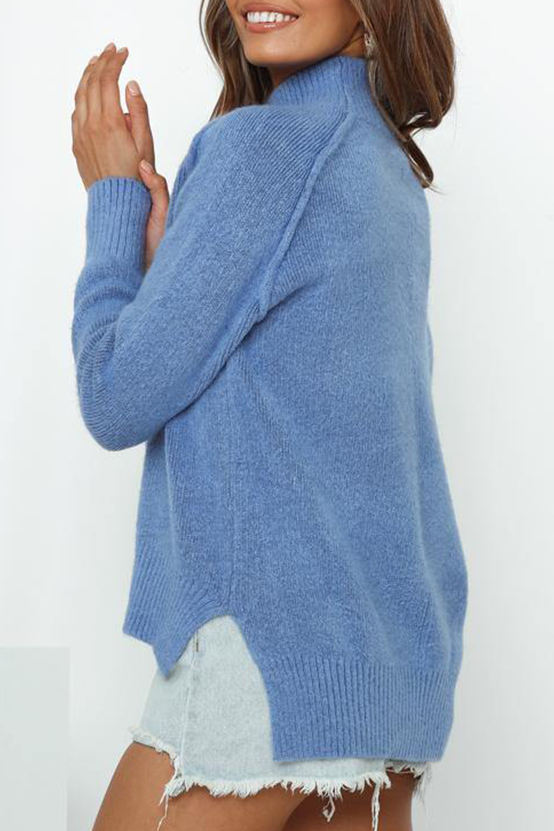 Casual Solid Patchwork Slit Turtleneck Tops Sweaters