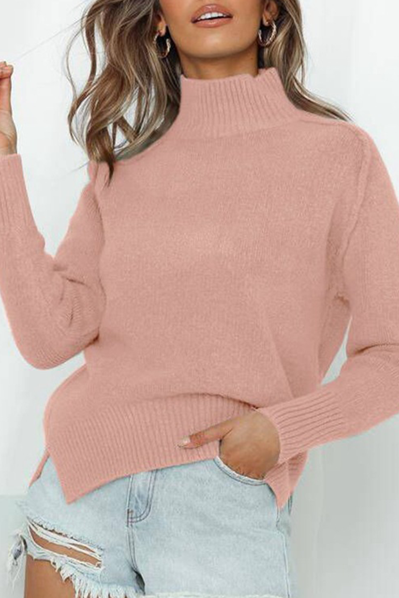 Casual Solid Patchwork Slit Turtleneck Tops Sweaters