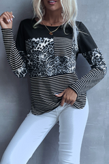 Casual Striped Leopard Split Joint O Neck Tops