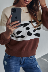 Casual Leopard Split Joint  Contrast O Neck Tops