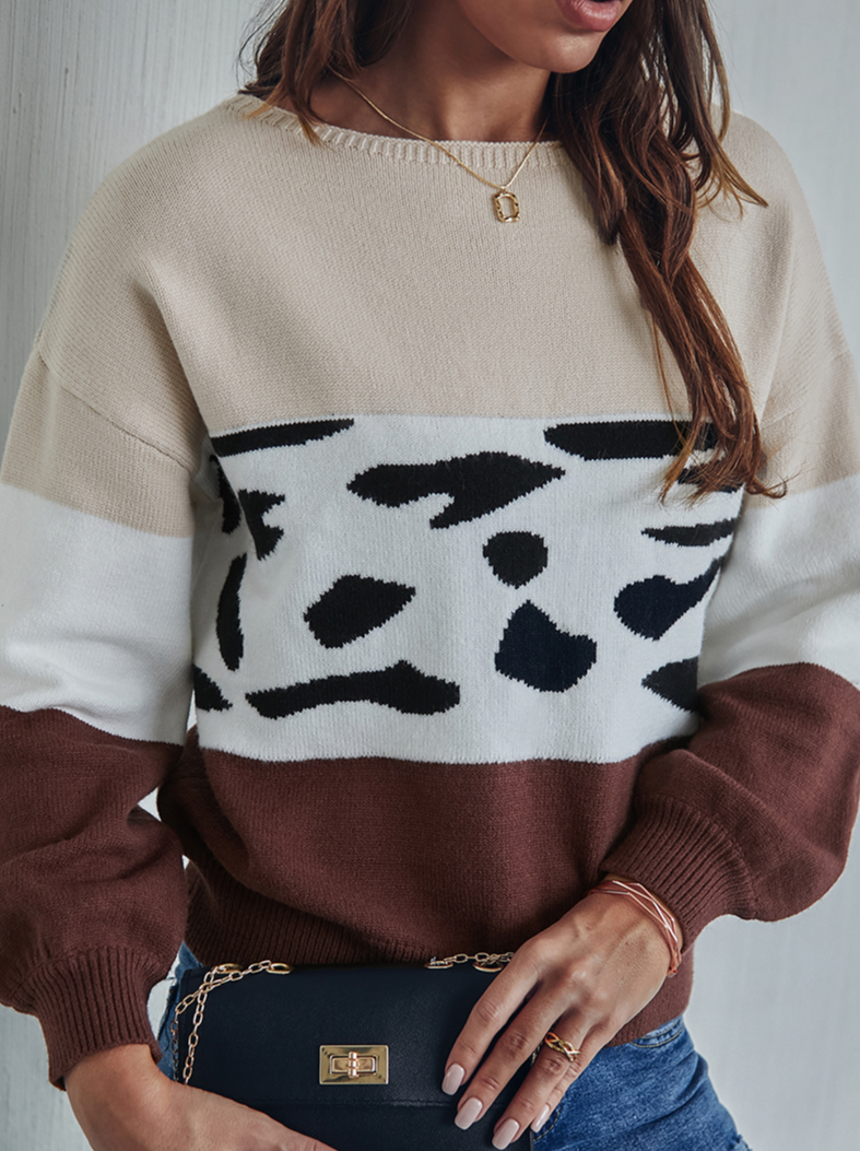 Casual Leopard Split Joint  Contrast O Neck Tops