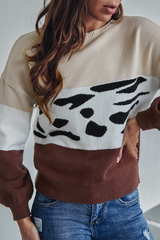 Casual Leopard Split Joint  Contrast O Neck Tops