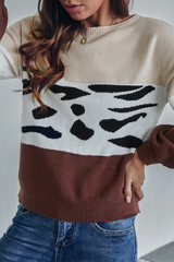 Casual Leopard Split Joint  Contrast O Neck Tops