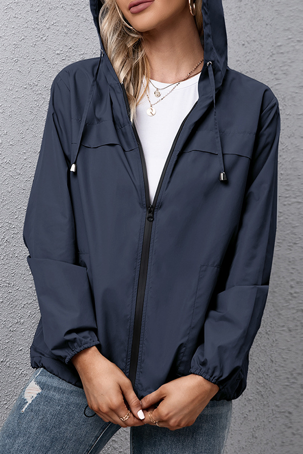 Casual Solid Draw String Zipper Hooded Collar Outerwear