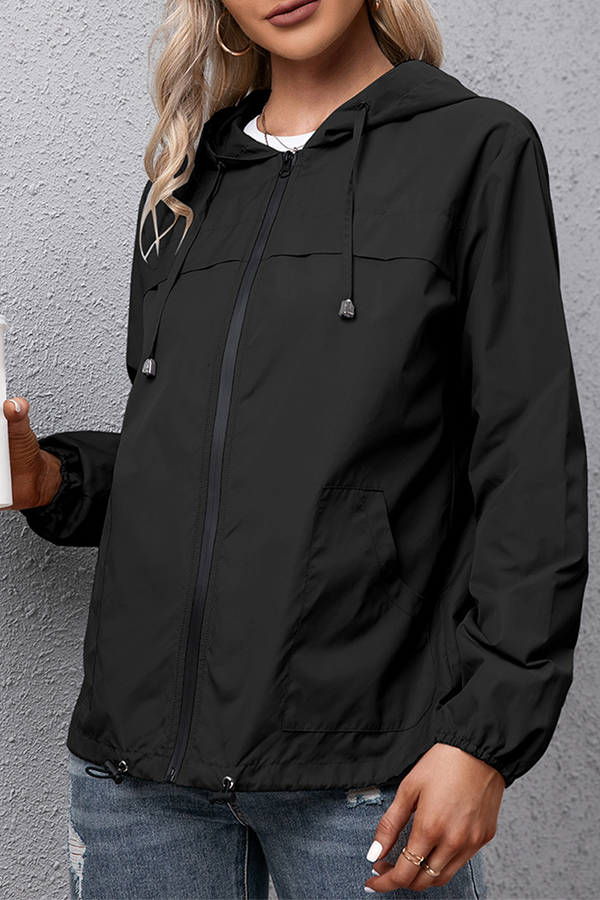 Casual Solid Draw String Zipper Hooded Collar Outerwear