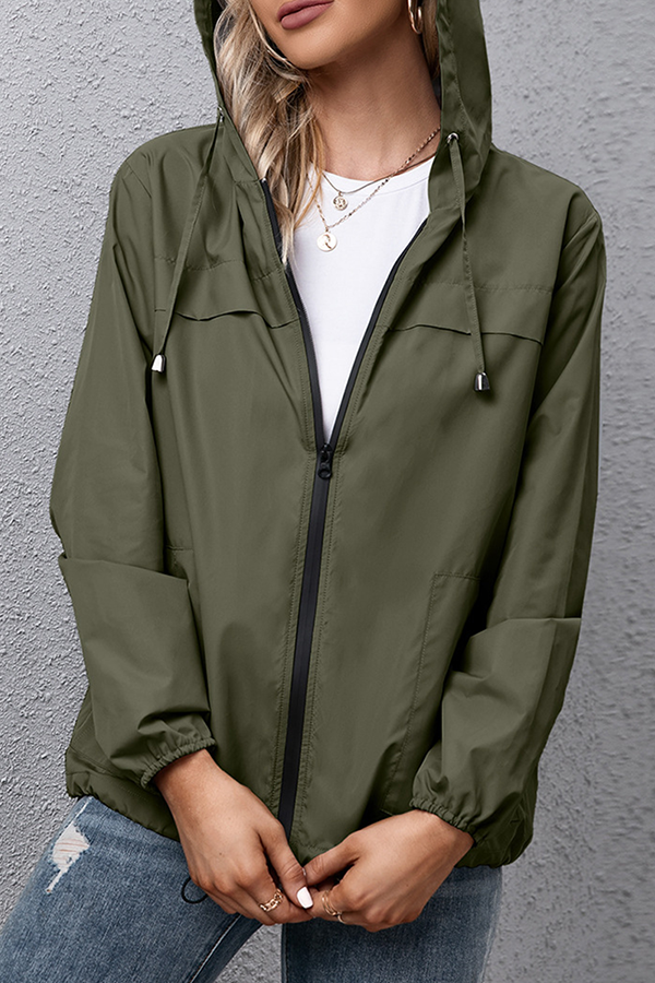 Casual Solid Draw String Zipper Hooded Collar Outerwear