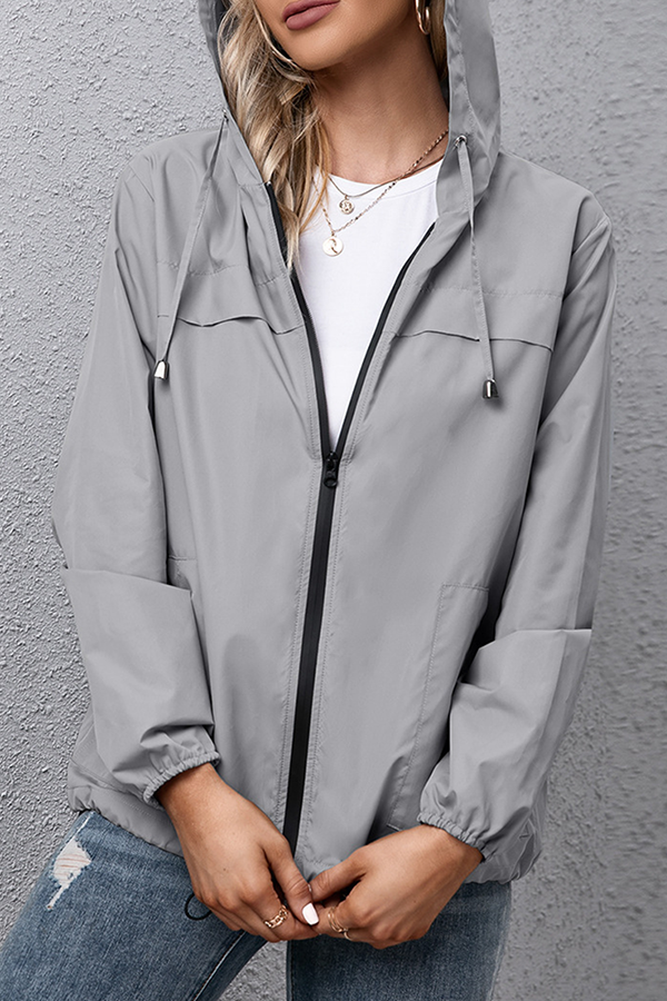 Casual Solid Draw String Zipper Hooded Collar Outerwear