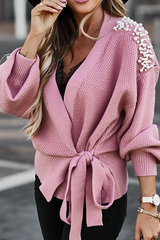 Casual Elegant Solid Beading Strap Design V Neck Sweater Cardigans(3 Colors)