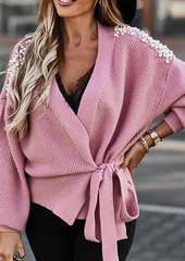 Casual Elegant Solid Beading Strap Design V Neck Sweater Cardigans(3 Colors)