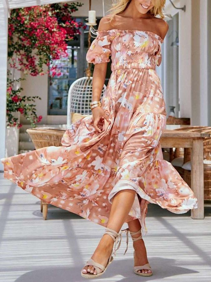 Casual Print One shoulder Short sleeve Maxi Dresses
