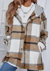 Casual Plaid Draw String Buckle Hooded Collar Outerwear