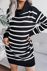 Casual Striped Split Joint  Contrast Turtleneck Dresses  (Without Belt)