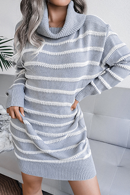 Casual Striped Split Joint  Contrast Turtleneck Dresses  (Without Belt)