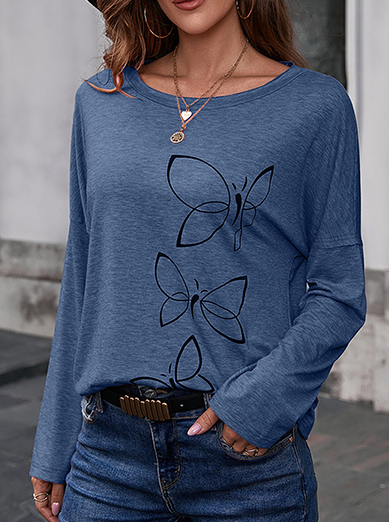 Casual Butterfly Print Split Joint Basic O Neck Tops