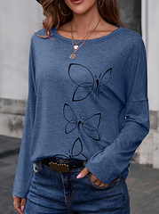 Casual Butterfly Print Split Joint Basic O Neck Tops