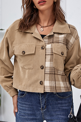Casual Plaid Pocket Buckle Turndown Collar Outerwear