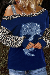 Street Skull Head Leopard Hot Drill Oblique Collar Tops