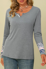 Casual Print Split Joint Buttons V Neck Tops