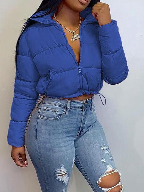 Solid Zip Up Crop Puffer Jacket for Women