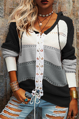 Casual Patchwork Draw String Cross Straps Contrast Hooded Collar Tops(7 Colors)