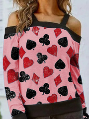 Casual Print Hollowed Out Split Joint Off the Shoulder Tops T-shirts