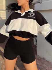Color Block Lantern Sleeve Turn down neck Sweatshirts