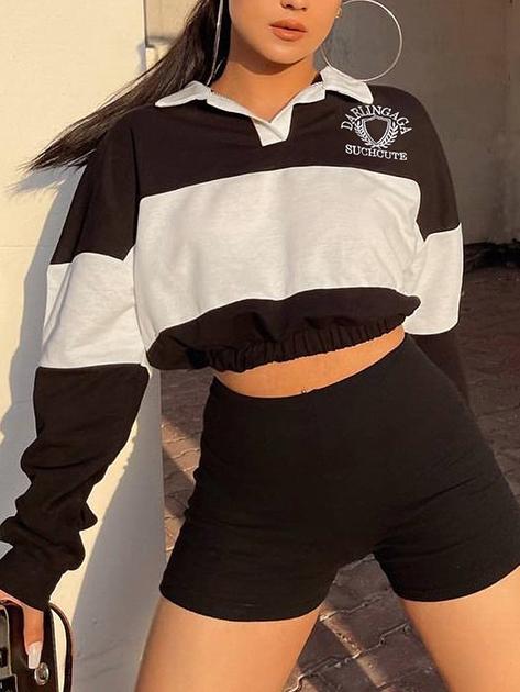 Color Block Lantern Sleeve Turn down neck Sweatshirts