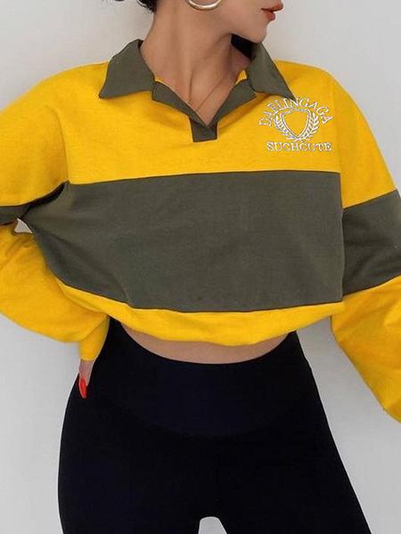Color Block Lantern Sleeve Turn down neck Sweatshirts