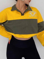 Color Block Lantern Sleeve Turn down neck Sweatshirts
