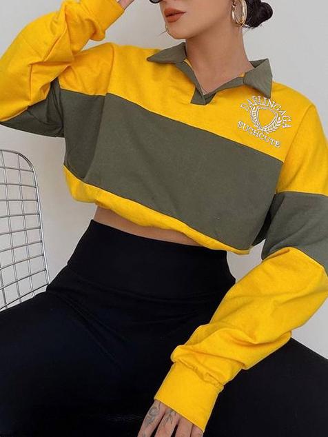 Color Block Lantern Sleeve Turn down neck Sweatshirts