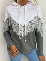 Casual Patchwork Lace Draw String  Contrast Hooded Collar Tops