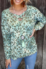 Casual Leopard Hollowed Out Split Joint V Neck T-shirts