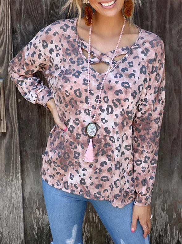 Casual Leopard Hollowed Out Split Joint V Neck T-shirts