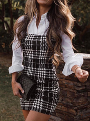 Elegant Plaid Buckle Shirt Collar Wrapped Skirt Dresses