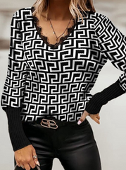 Casual Geometric Lace Split Joint V Neck Tops Blouses