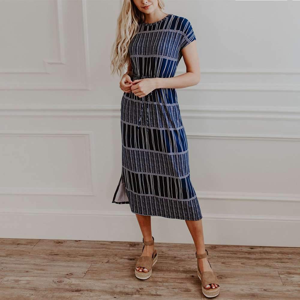 Casual Stripe Round neck Short sleeve Lacing Maxi Dresses