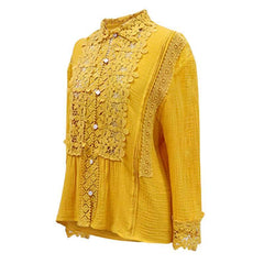 Fashion Pure Lapel Lace Hollow out Long sleeve Blouses
