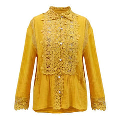 Fashion Pure Lapel Lace Hollow out Long sleeve Blouses