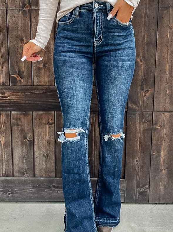 Casual Solid Tassel Ripped Boot Cut Bottoms