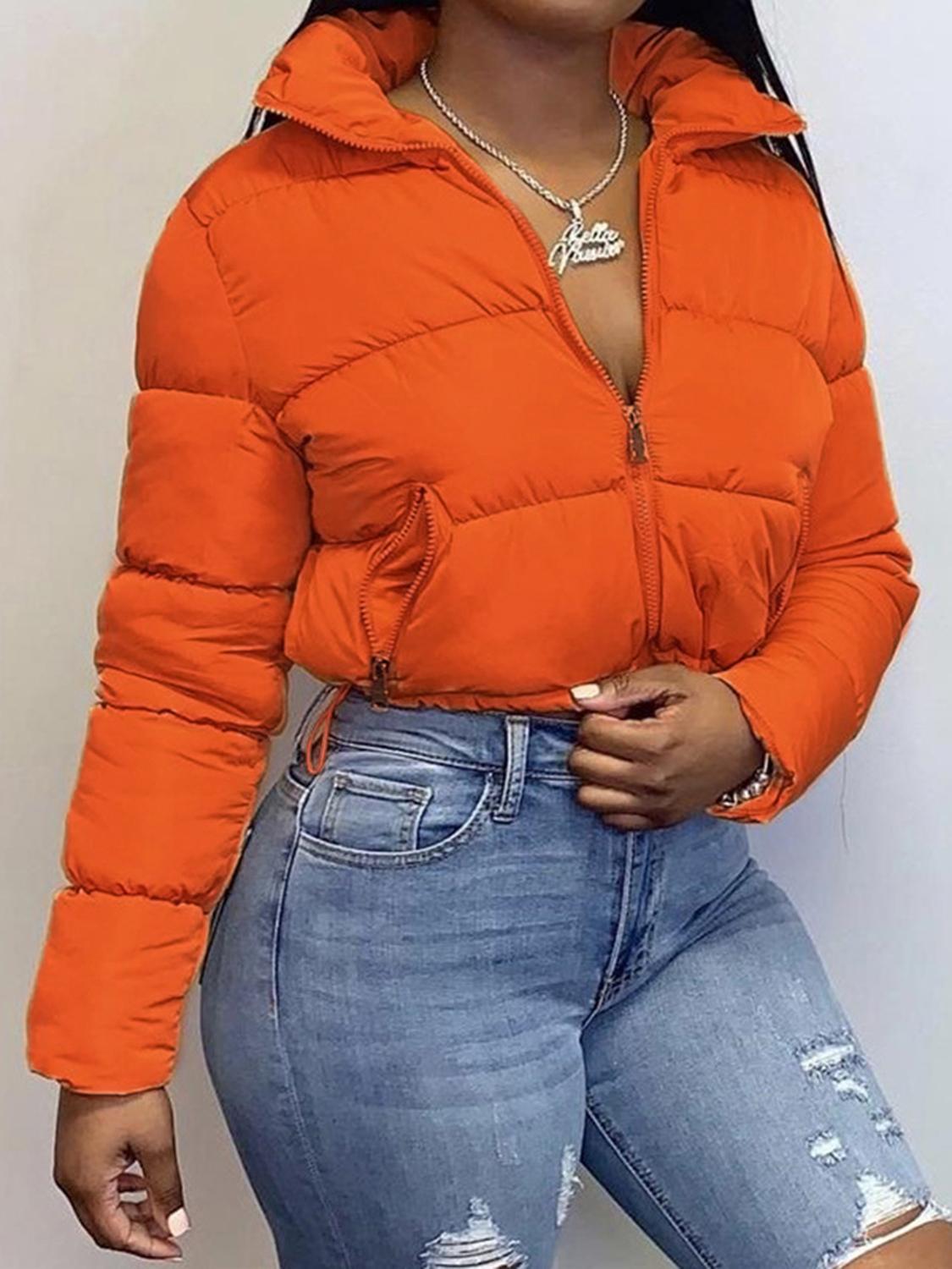 Solid Zip Up Crop Puffer Jacket for Women