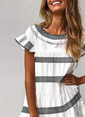 Casual Round neck Short sleeve Stripe Falbala Shift Dresses