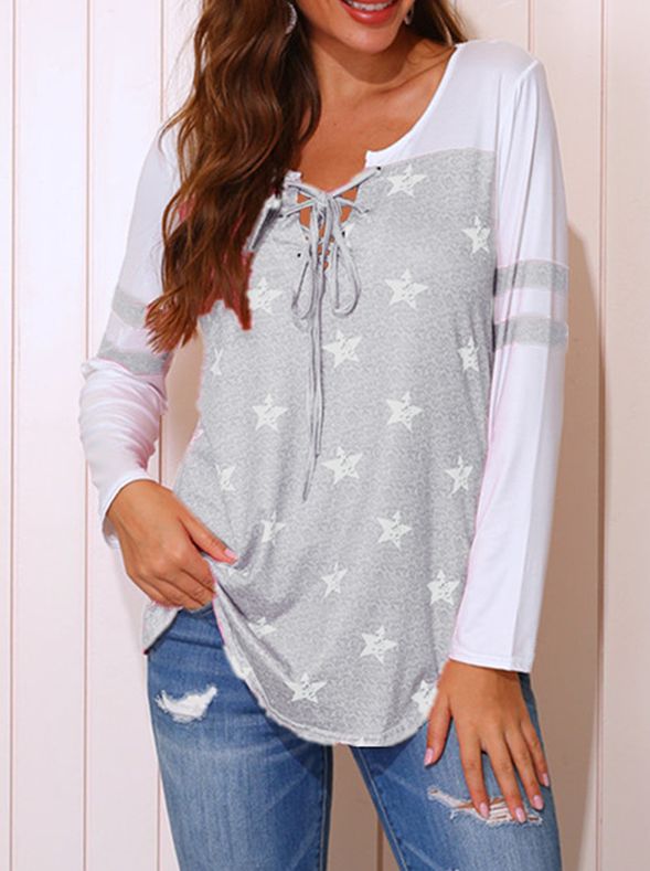 Casual The stars Split Joint Cross Straps O Neck Tops T-shirts