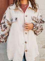 Casual Print Split Joint Turndown Collar Tops Blouses