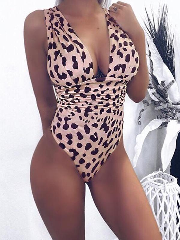 Sexy one-piece deep V Neck leopard printed Woman Bikini Swimwear