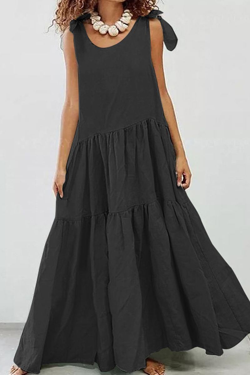 Casual Solid Split Joint O Neck Cake Skirt Dresses