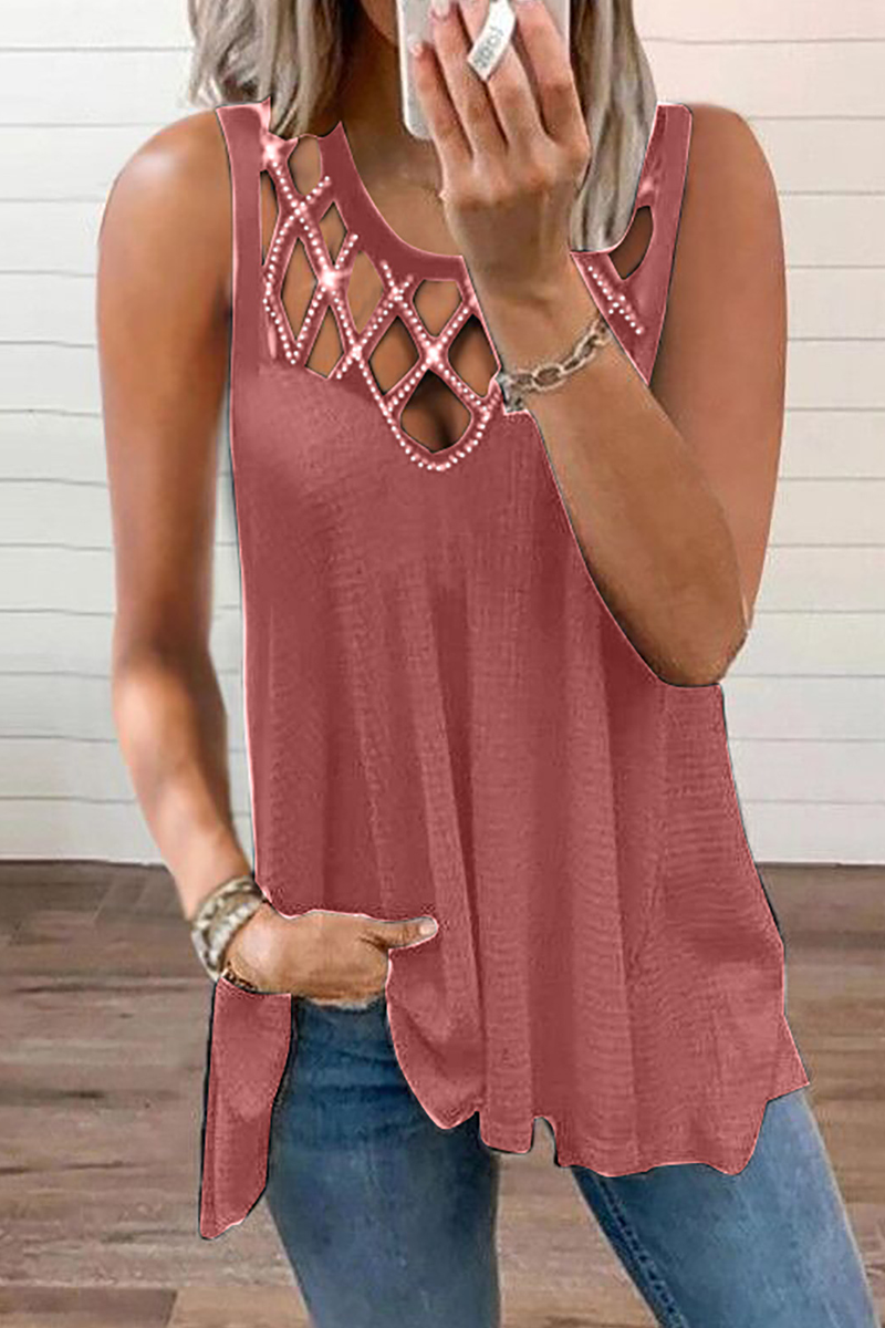 Casual Solid Hollowed Out O Neck Tops Vests