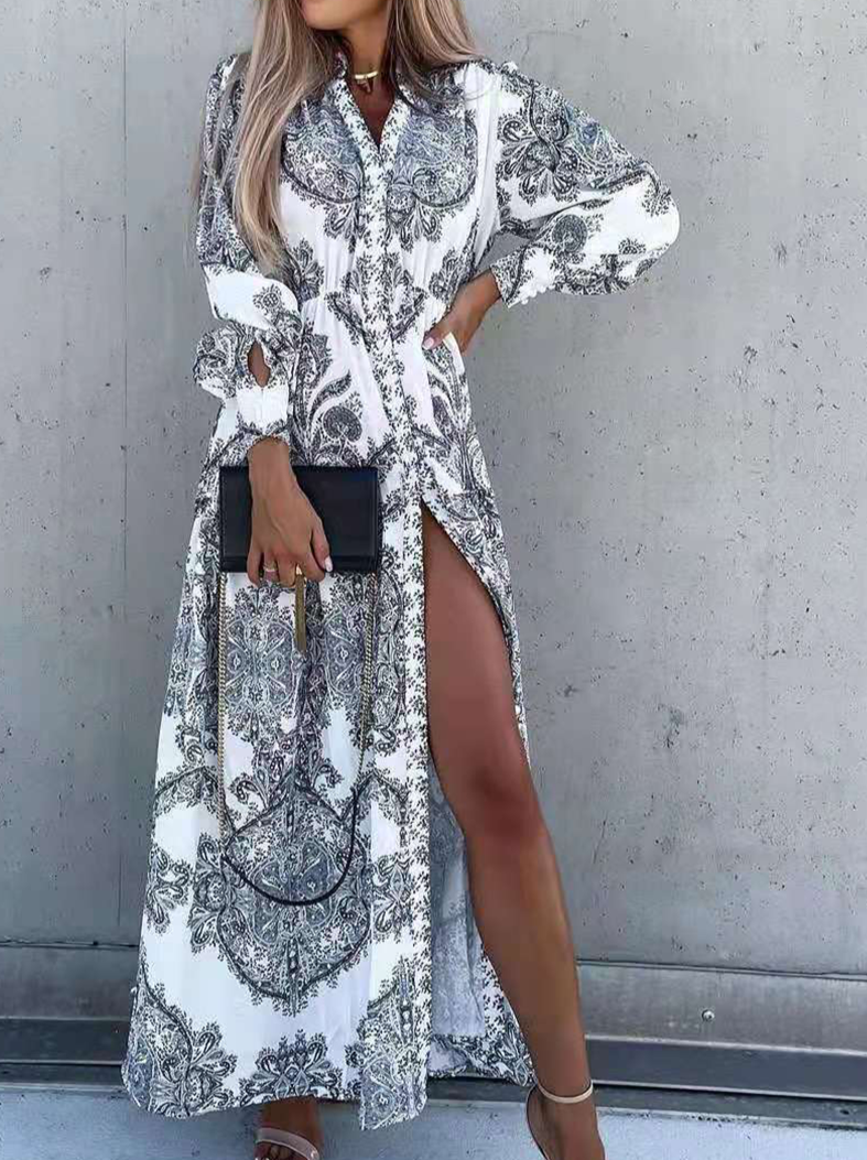 Casual Print Split Joint Turndown Collar Shirt Dress Maxi Dresses